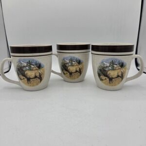 Set Of Three Folkcraft Stoneware Coffee Mugs Bugling Elk Cabela's